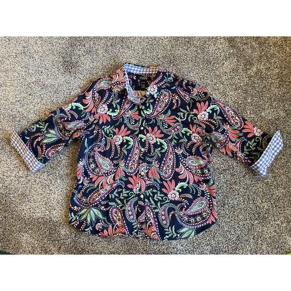 Chaps No Iron Women's Paisley Button-up 3/4 Sleeve Blouse Gingham Flip Cuff XLP - Picture 1 of 10